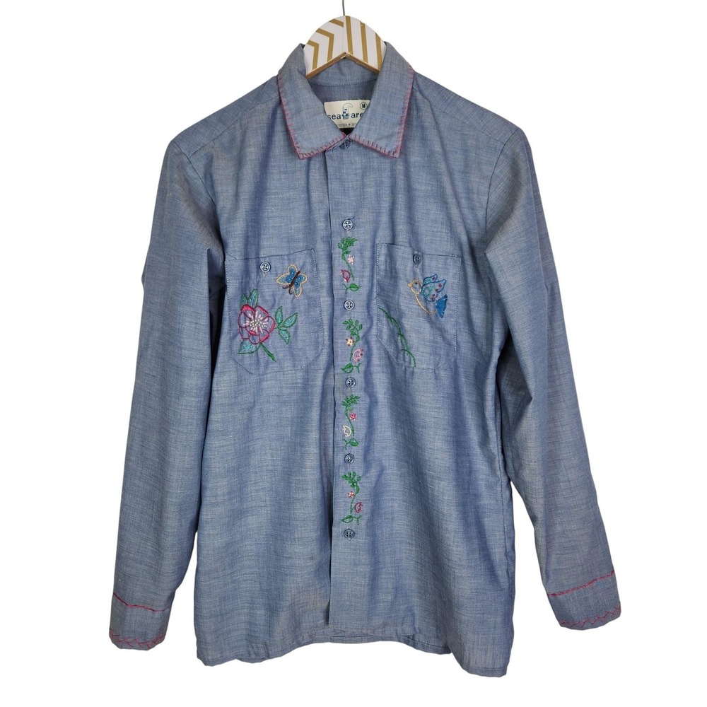 Vtg SEAFARER Shirt Womens Medium Blue‎ Chambray Embroidered Flowers Birds Boho